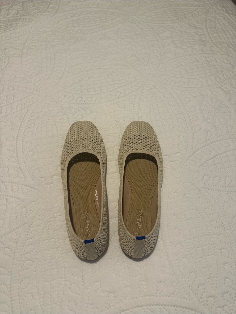 Rothy's Beige Knit Slip-On Flats with Blue Heel Tab